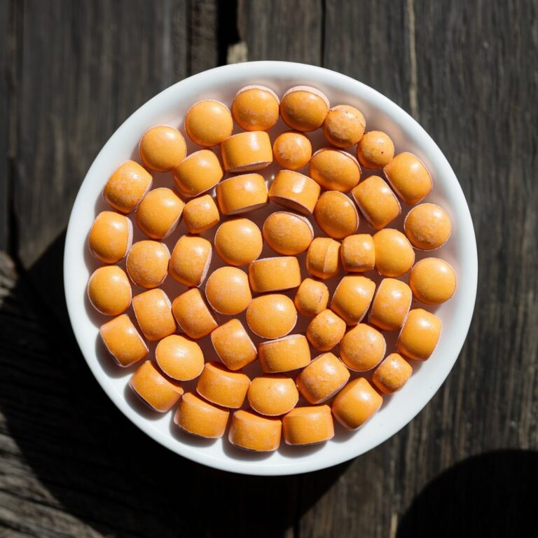 "A close-up of a Vitamin C with Rose Hips supplement pill, featuring a bright orange tablet surrounded by fresh rose hips and citrus fruits, symbolizing its natural and antioxidant-rich ingredients."