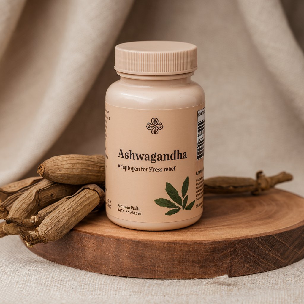 An Ashwagandha supplement pill resting on a piece of wood, symbolizing its natural stress-relief and wellness benefits."