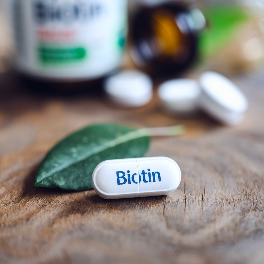 "A biotin supplement pill resting on a wooden table, symbolizing its benefits for healthy hair, skin, and nails."