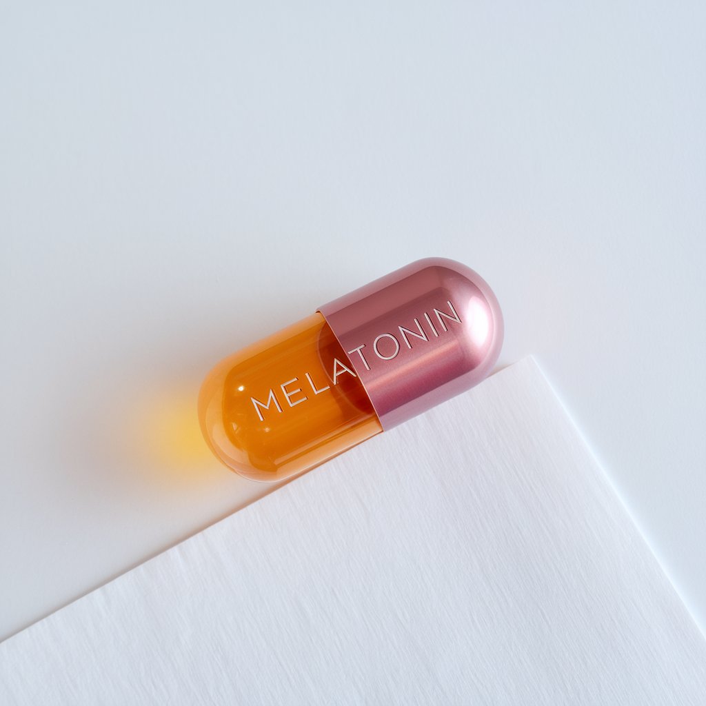 "A melatonin supplement pill resting on a white table, symbolizing relaxation and restful sleep."