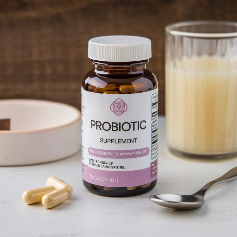 "A probiotic supplement pill on a white table, symbolizing gut health and digestive balance."